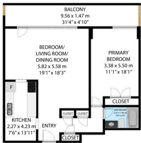 Floor plan for 1 bed, 1 bath